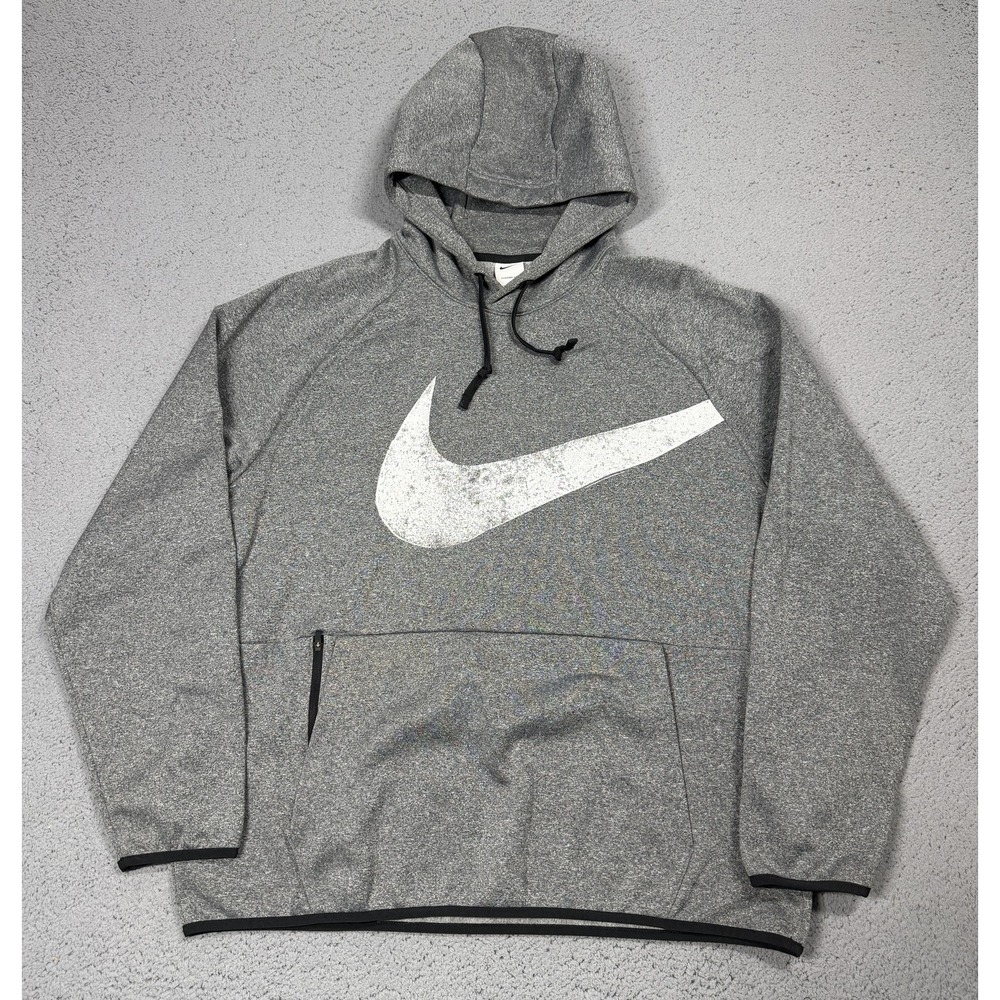 Nike Therma-FIT Hoodie Mens XL Gray Pullover Fleece Kangaroo Zip Swoosh Logo